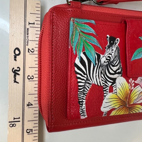 Anuschka Zebra Red Hand-Painted Leather Floral Convertible Crossbody Wallet NWOT - Picture 4 of 16